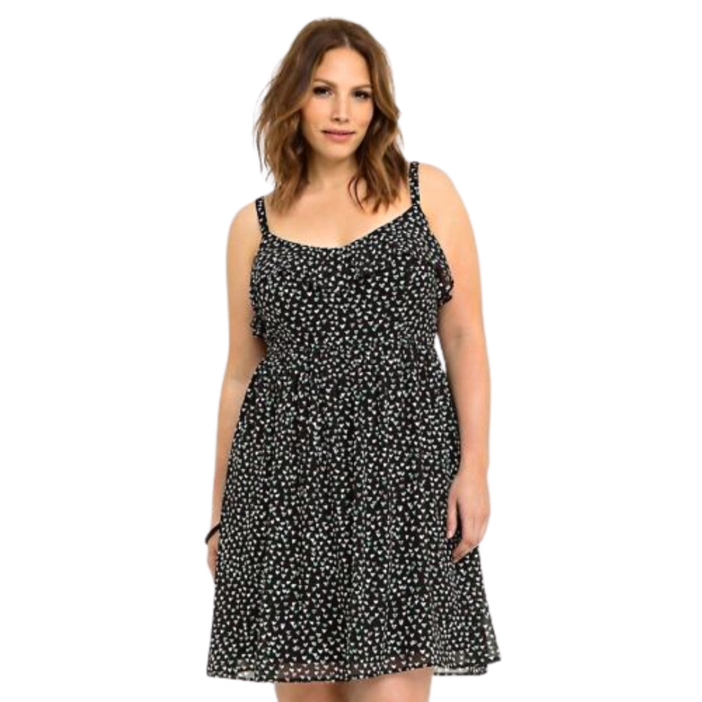 Torrid Mini Dress Size 1X Black White Ditsy Heart Chiffon Ruffle Sleeveless NEW - Picture 1 of 14